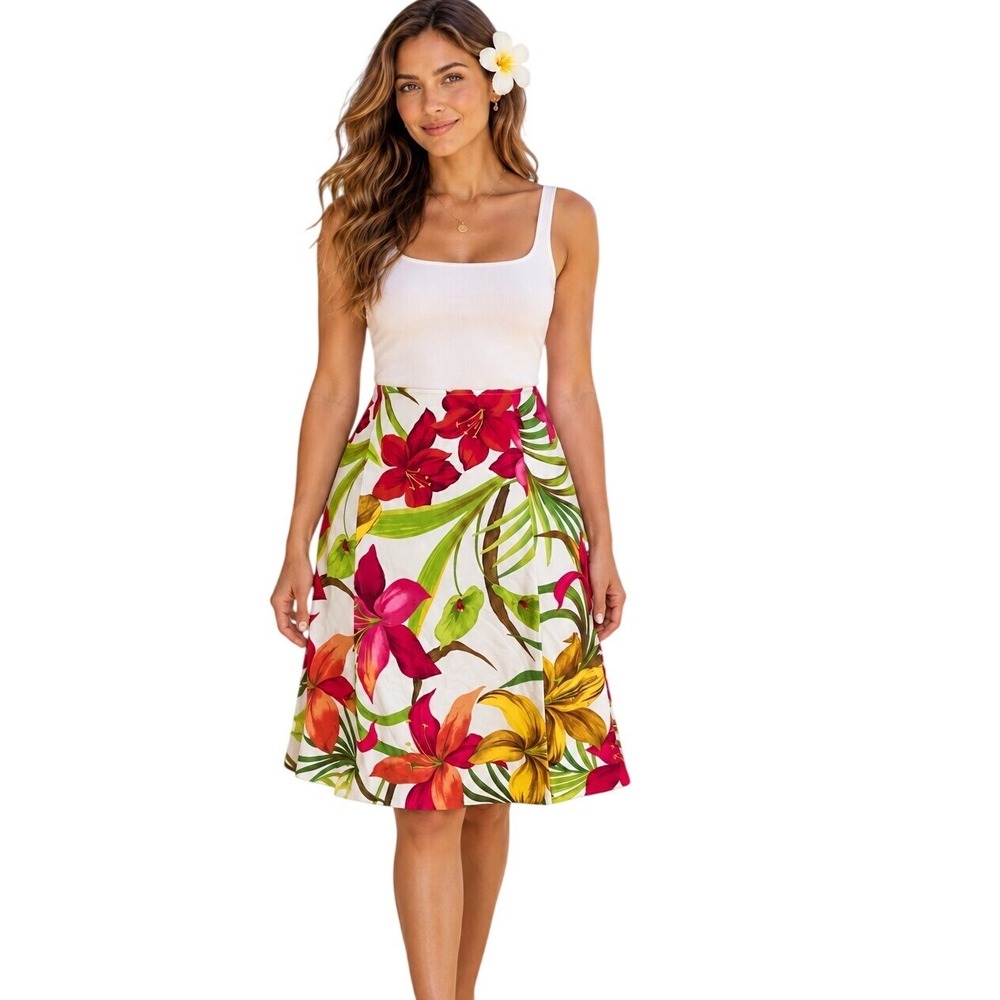 Vintage‎ NWT  Hilo Hattier Hawaiian Floral Silk Midi Skirt Size XL Coastal Beach